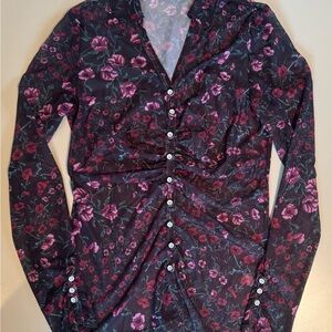 SHEIN Black and Purple Ruched Button Down Blouse